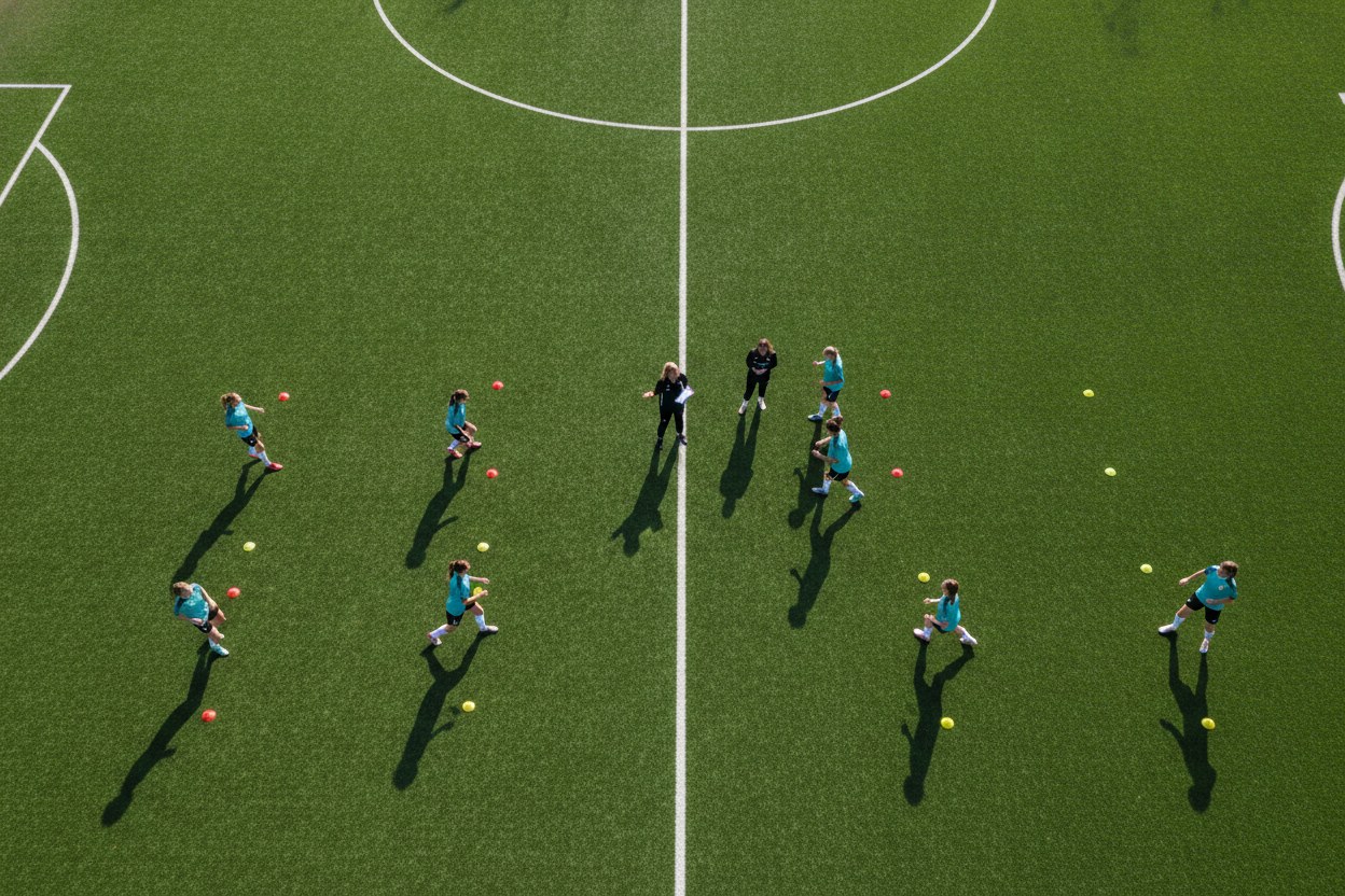 Halı sahada antrenman seansı, kadın futbolcular ısınma yapıyor