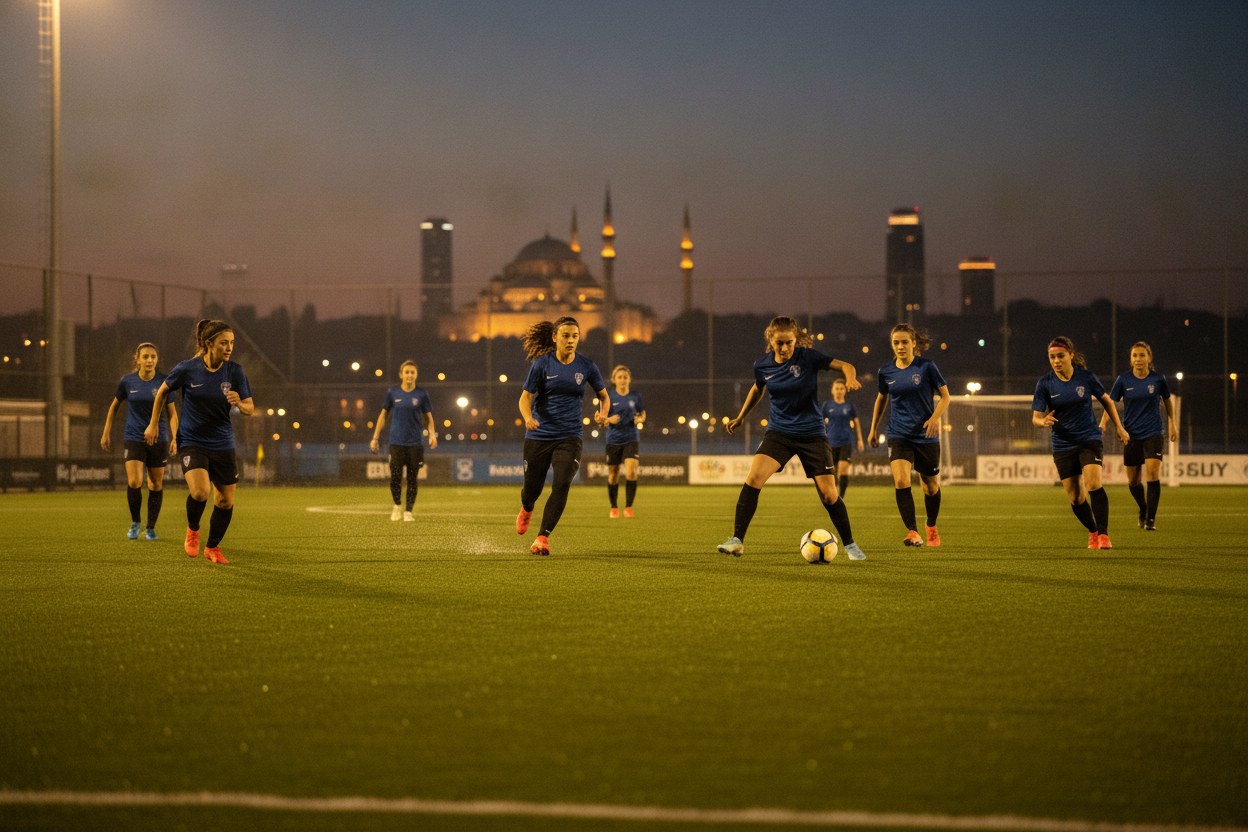 Kadın futbolcular sahada antrenman yaparken